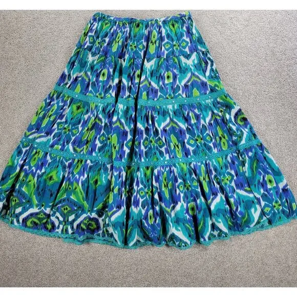 Vintage Notations A-line Skirt Womens L Blue Boho Watercolor Tiered Flowy Hippie - Picture 1 of 16
